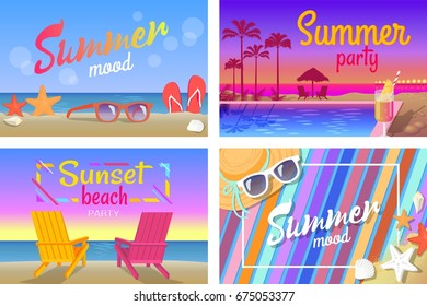 Summer beach party with good mood bright posters. Spectacular seaside, wooden recliners, modern sunglasses and tasty cocktail vector illustrations.