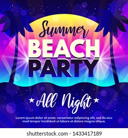 Summer Beach Party gradient background with palm trees for banners, flyer, placard, invitation. Abstract Dance Party design template with space for your text. Vector illustration