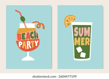 Summer beach party greeting cards, invitations. Cocktail drinks glasses with lettering text isolated on blue background. Birthday celebration. Retro mid century design. Hand drawn vector illustrations