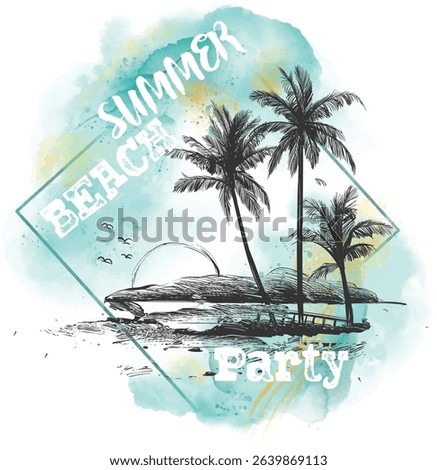 Summer Beach party hand drawn watercolour palm tree vector illustration