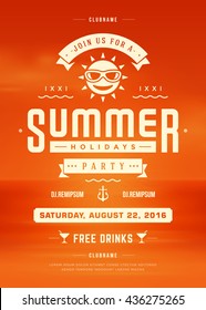 Summer Beach Party Holidays Typography Poster or Flyer Design. Night Club Event or Invitation Vector Illustration Retro Style.