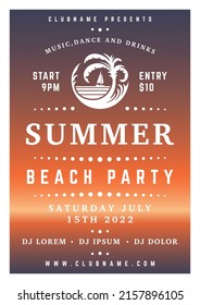 Summer beach party illuminated dark gradient poster template with place for text vector illustration. Exotic seaside resort tropical island paradise palm tree sail yacht disco entertainment placard