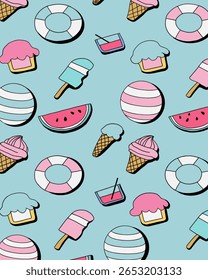 Summer beach party illustration on a blue background, featuring colorful beach balls, refreshing cocktails, ice creams, and lifebuoys. Ideal for holiday promotions and summer events.