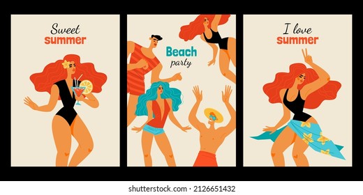 Summer beach party illustration set with cheerful young people in beachwear dancing and drinking cocktails. Illustration in retro colors