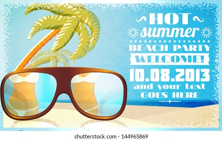 Summer beach party invitation with glasses on the beach sand with palms and ocean behind. Vector.