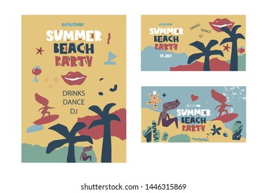 Summer beach party invitation poster design set in paper cut style. Vector summer background, palm trees, cocktail, surfer, yacht, starfish