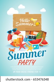 summer beach party invitation poster background elements and wooden sign in A4 size.