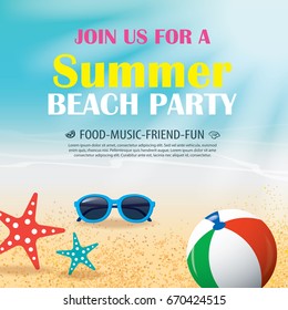 Summer beach party invitation poster with element and blue water. Vector vacation background.