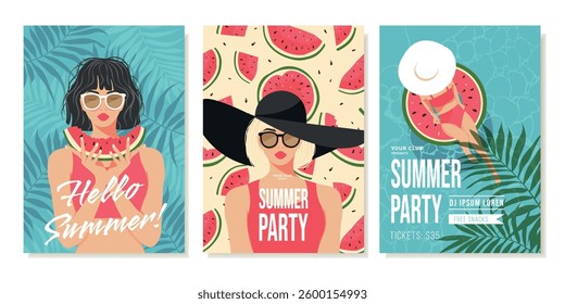 Summer Beach Party Invitation Templates. Vector Templates. Flat design of girls in swimming costumes in retro style. 