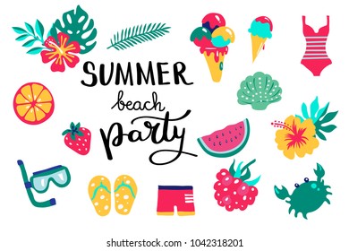 Summer beach party lettering. Set hand drawn icons, signs and banners. Bright summertime poster. Collection Summer hand drawn elements for summer holiday and party. Vector illustration.