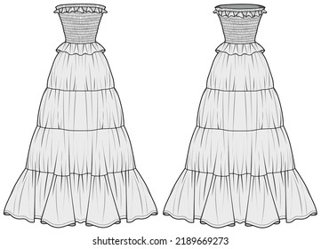 Summer Beach Party Long Dress, Smocked Tube Body Tiered Maxi Dress Front und Back View Mode-Vektorgrafik, CAD, technische Zeichnung, flache Zeichnung.	