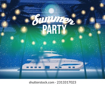 Summer Beach Party, Night Beach Palms Banner, Flyer