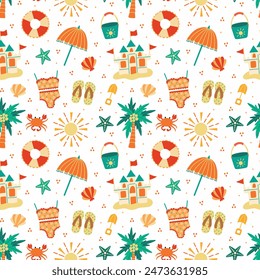 Summer Beach Party on White Seamless Pattern Design