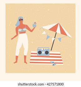 Summer beach party picnic poster. 1950S Surf girl dancing and drinking tropical cocktail.