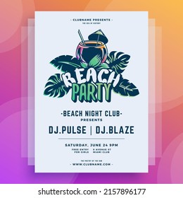 Summer beach party poster decor design template vector illustration. Tropical vacation social event promo neon vibrant announcement with coconut cocktail straw and umbrella at fern palm tree leaves