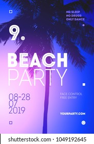 Summer Beach Party poster design. Template poster for palm tree vector silhouette. Tropical Sunset 