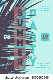 Summer Beach Party poster design. Template poster for palm tree vector silhouette. Tropical background