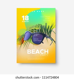 Summer beach party poster. Electronic music festival cover design. Party flyer with sunglasses and palm leaves. Vector illustration