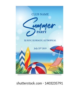 Summer beach party poster flyer banner design element decoration with surfing board, chair, ball outside coast