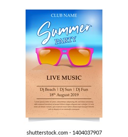 Summer beach party poster flyer banner design element decoration with pink trendy glasses on the sand beach landscape