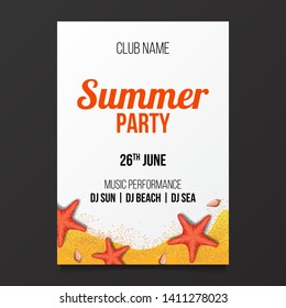 Summer beach party poster flyer banner design element decoration with illustration of sand and starfish from top view