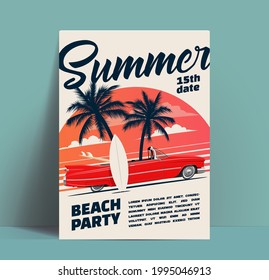 Summer beach party poster or flyer or invitation design template with cartoon retro cabriolet car with surfboards on sunset background. Vector illustration