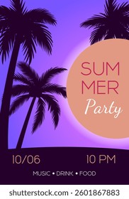 summer beach party poster with palm trees, club or festival invitation template