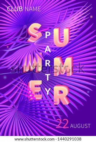 Summer beach party poster with palm trees on night sky background. Tropical sunset. Beautiful illustration for invitation, flyer, banner. Summer music party flyer artwork template A4.