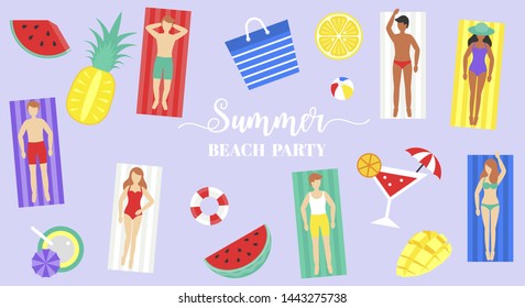 Summer Beach party poster, people on beach mat vector illustration