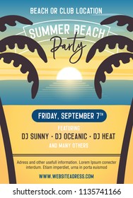 Summer Beach Party poster template. Vector illustration with a beach, palmtrees, sand, ocean and the sun. Easily editable with your own text. Beach and summer events