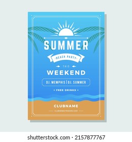 Summer beach party poster template with sea wave and sand decorative design vector illustration. Abstract clubbing flyer celebrating vacation tropical event nightlife music sound typography promo