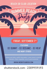 Summer Beach Party poster template. Vector illustration with a beach, palmtrees, sand, ocean and the sun. Easily editable with your own text. Beach and summer events. Sunset