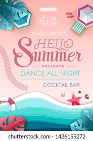 Summer beach party poster. Top view of tropic summer beach with ocean background. Paper cut out art design