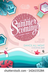 Summer beach party poster. Top view of tropic summer beach with ocean background. Paper cut out art design