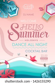 Summer beach party poster. Top view of tropic summer beach with ocean background. Paper cut out art design