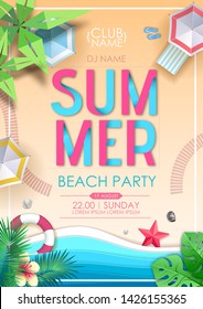 Summer beach party poster. Top view of tropic summer beach with ocean background. Paper cut out art design