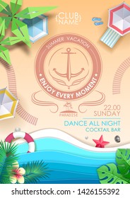 Summer beach party poster. Top view of tropic summer beach with ocean background. Paper cut out art design