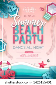 Summer beach party poster. Top view of tropic summer beach with ocean background. Paper cut out art design