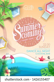 Summer  beach party poster. Top view of tropic summer beach with ocean background. Paper cut out art design