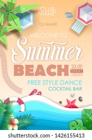 Summer  beach party poster. Top view of tropic summer beach with ocean background. Paper cut out art design