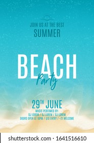Summer beach party poster. Vector illustration with top view on ocean scene with soft waves on coast. Invitation to nightclub.