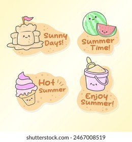 summer beach party sticker sun ice cream sand bucket castle with cute facial expressions and pastel colour