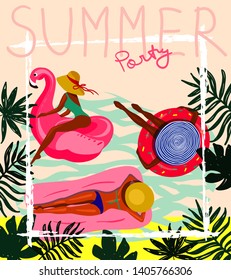 Summer beach party with sunbathing and swimming girls.