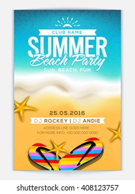Summer Beach Party Template, Banner or Flyer design with illustration of colorful flip flop slippers and starfish on glossy background.