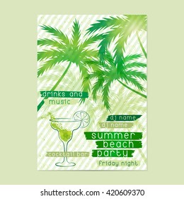Summer Beach Party template with cocktail and palm trees. Retro Invitation design. Layout in A3 size.