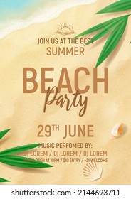Summer beach party template poster. Top view on beach sand, tropical plants, seashells and sea waves. Flat lay vector illustration with 3d objects. Summer party flyer for night club.
