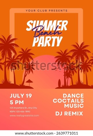 Summer beach party template poster invitation. Sunset, palm, beach. Summer design vector illustration background, banner, flyer.