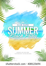 Summer Beach Party Template, Summer Vacation Flyer, Musical Party Banner. Creative Vector Illustration With Beautiful Nature View.