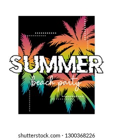 Summer Beach Party Text with Palm Trees Illustration, Decorative Design for Fashion and Poster Prints