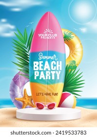 Summer beach party text vector poster design. Summer party invitation card with surfboard, floaters, beachball and podium stage for holiday night club promotion advertisement. Vector illustration 